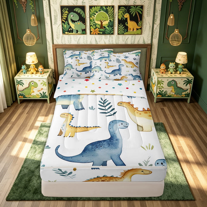 meiyoeat Dino Wildlife Zipper Comforter Set with Fitted Sheet and 2 Pillowcases for Kids Boys Girls, Jungle Leaf Botanical Zipper Bedding Set, Green White, Polkadot Reversible, 3 Pieces