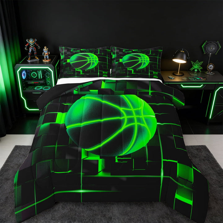 Erosebridal Green Basketball Bedding Sets Twin with Comforter,Modern Geometric Grid Duvet Insert,Glowing Neon Light Comforter Sets Twin Size For Teens,Breathable Room Decor Reversible£¬2pcs