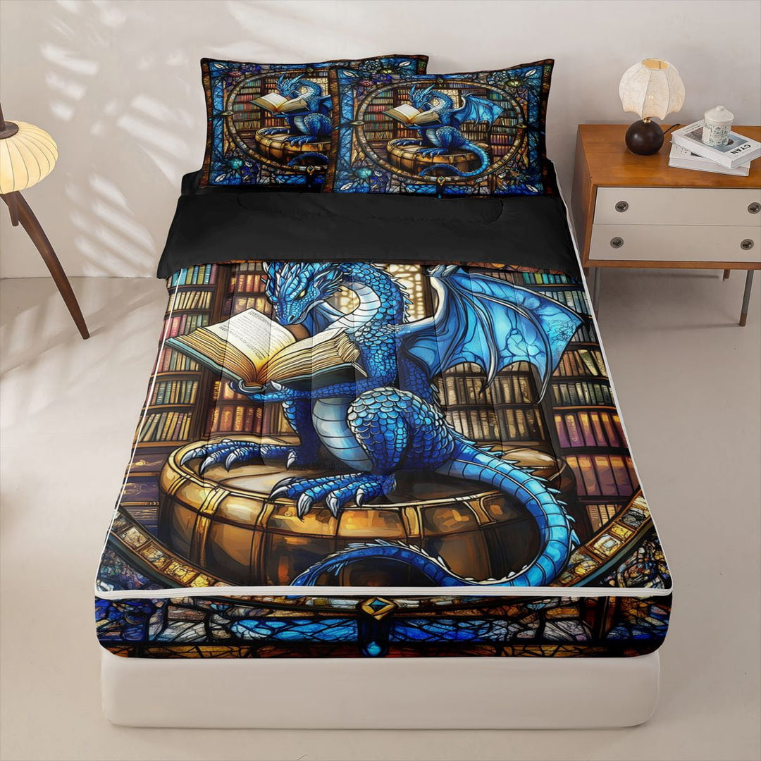 meiyoeat Vintage Glass Dragon Zipper Full Size Comforter Sets with Fitted Sheet and 2 Pillowcases for Kids Boys, Magical Library Animal Zipper Bedding Set, Blue Black, Black ReversibleB