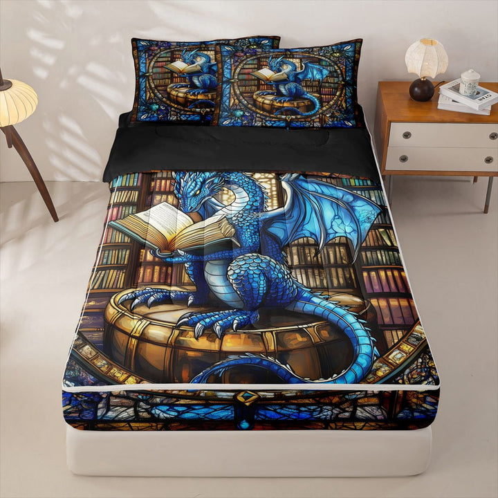 meiyoeat Vintage Glass Dragon Zipper Full Size Comforter Sets with Fitted Sheet and 2 Pillowcases for Kids Boys, Magical Library Animal Zipper Bedding Set, Blue Black, Black ReversibleB