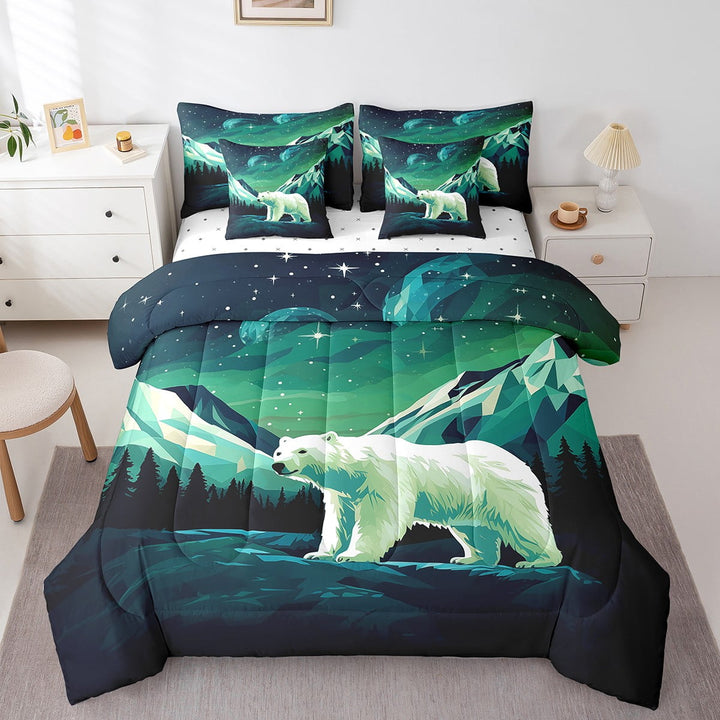 Polar Bear Bed in a Bag 7 Pieces Black and Green Bedding Set, Borealis Meteorite Twin Size Comforter Set Starry Sky Bedding Comforter Sets, Modern Minimalism Bed Set Minimalism Decor