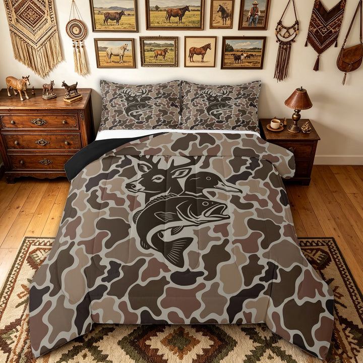 meiyoeat Rustic Outdoor Fishing Hunting Full Size Comforter Sets for Men Boys, Forest Lake Wildlife Bedding Comforter Set, Black Reversible, 3-Piece, 1 Comforter and 2 Pillowcases