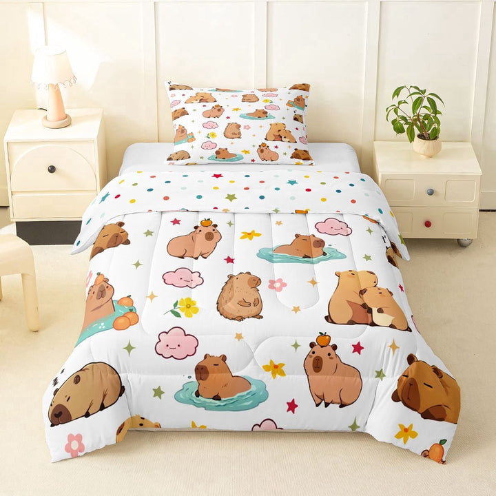 Erosebridal Kawaii Animal Capybara Twin Comforter Sets 3-Piece For Boys Girls,Kids Groovy Flowers Bedding Set,Microfiber Bedroom Decor
