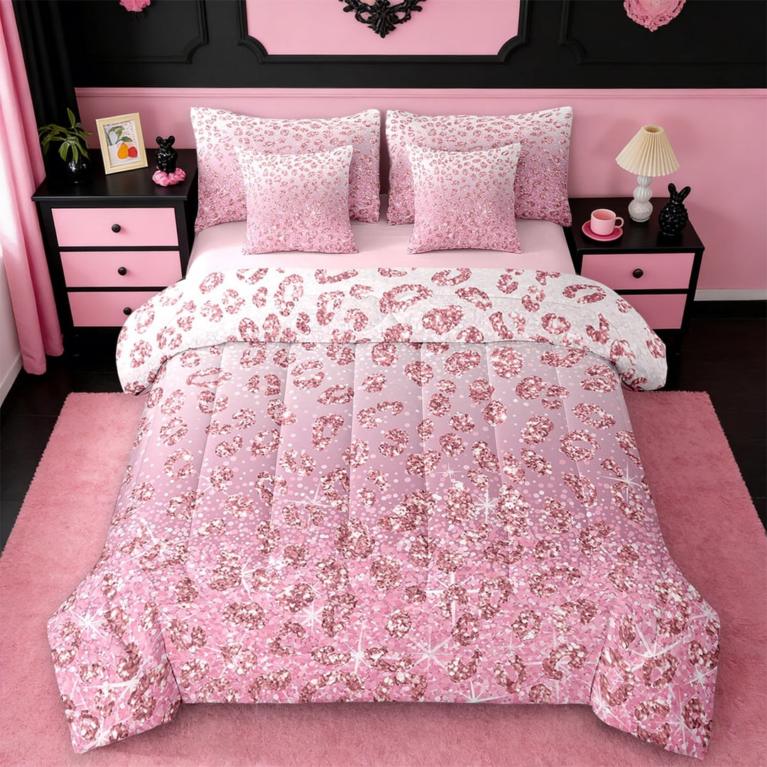 Erosebridal Modern Glitter Bedding Sets Queen Size,Abstract Pink Art Comforter Sets with Sheets,Feminine Theme Bed in a Bag Queen Size For Girls,Ultra Soft Bedroom Decoration Reversible,7-Piece