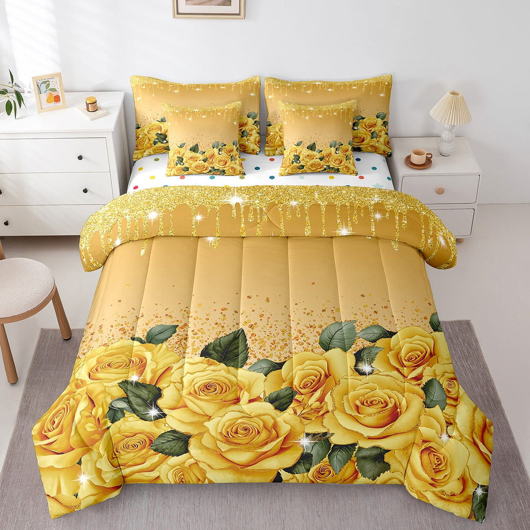 Yellow Rose Bed in a Bag King Size Comforter Set 7 Pieces,Diamond Crystal Fluid Art Bedding Set Abstract Ombre Sheet Set with Comforter Romantic Garden Flowers Bed Set,Boho Floral Bohemian Decor