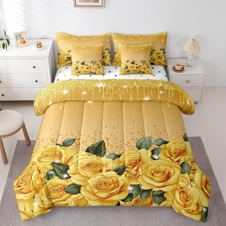 Yellow Rose Bed in a Bag King Size Comforter Set 7 Pieces,Diamond Crystal Fluid Art Bedding Set Abstract Ombre Sheet Set with Comforter Romantic Garden Flowers Bed Set,Boho Floral Bohemian Decor