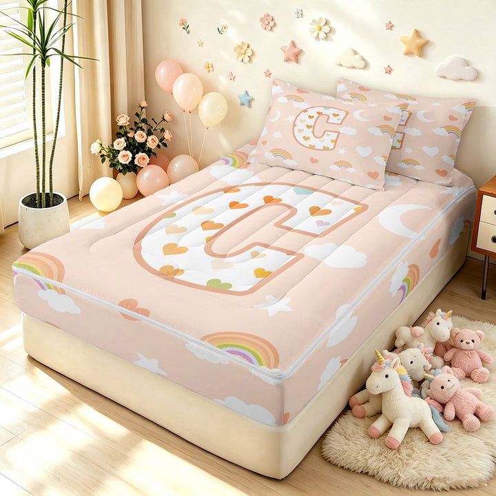 meiyoeat Cute Rainbow Love Heart Zipper Twin Comforter Sets with Fitted Sheet and 2 Pillowcases for Girls, Lovely Star Moon Zipper Bedding Set, Peach, Polkadot Reversible, 4-Piece