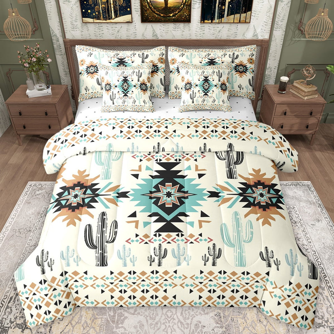 Manfei Triangle Aztec Kids Bedding Comforter Set 7pcs, Cartoon Hippie Cactus King Bedding Sets, Vintage Western Bohemian Reversible Bed Sheets, Microfiber Bedroom Decor
