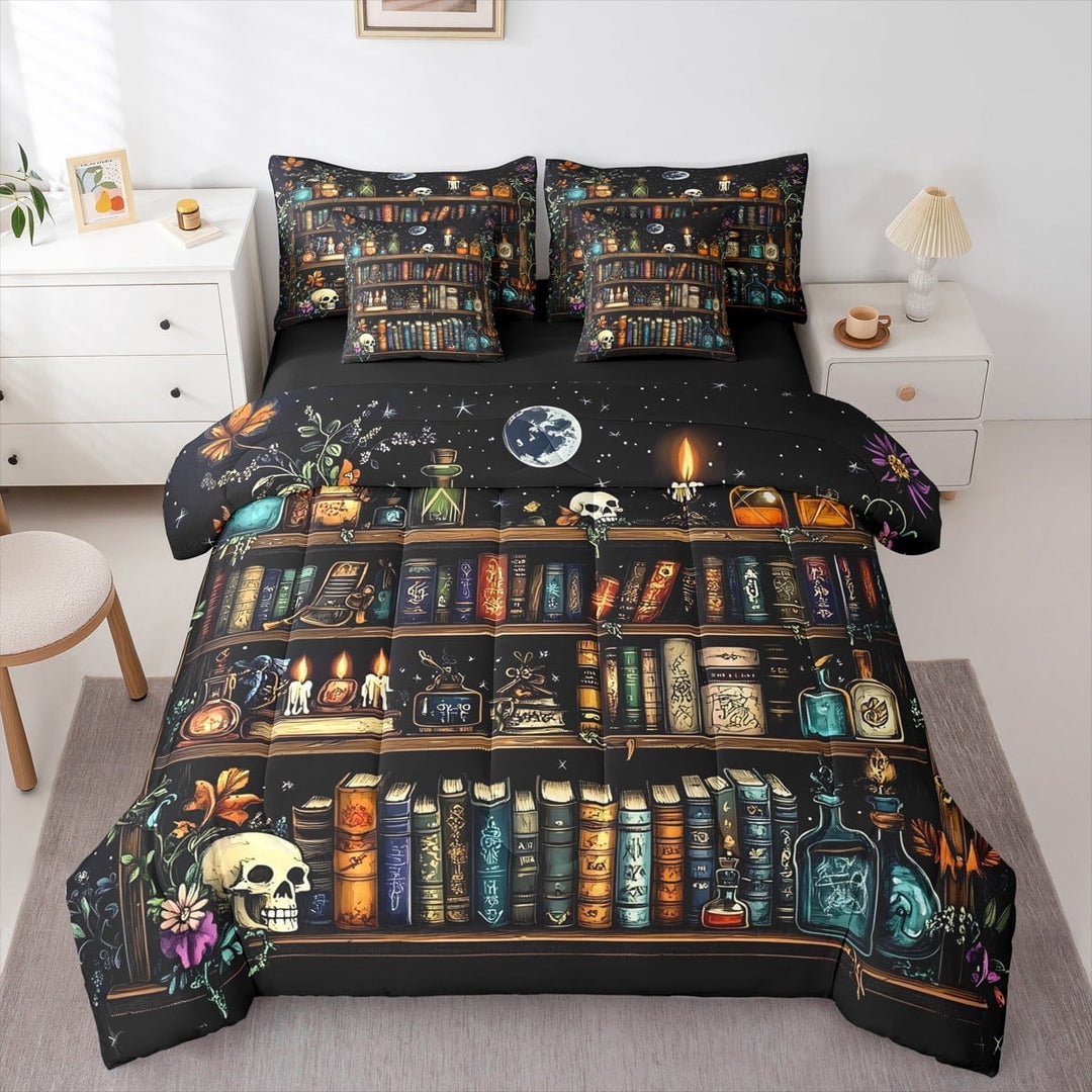 jejeloiu Gothic Skull Bedding Comforter Set 7-Piece,Watercolor Books Reading King Bedding Sets,Purple Flower Floral Bed Sheets For Boys Girls,Super Cozy Room Decor Reversible