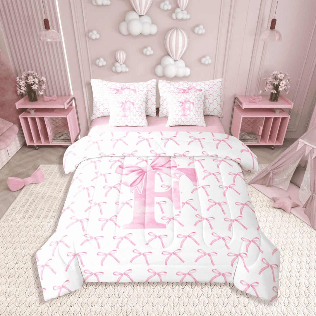 Erosebridal Letter Bow Bedding Sets Twin Size,Monogrammed Initial Comforter Sets with Sheets,Dreamy Room Decorative,Reversible,7pcs