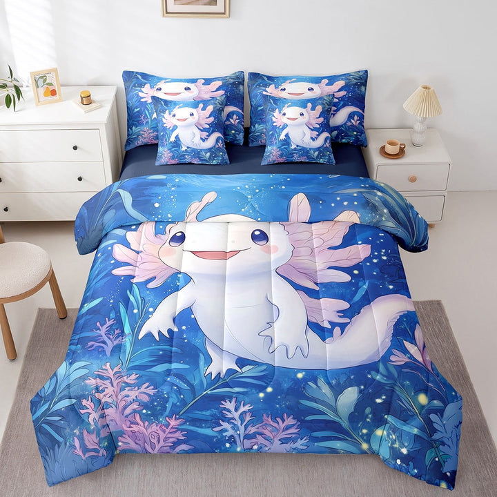 Cartoon Axolotl 7 Piece Comforter Sets Cute Ocean Animal Axolotl Full Bedding Set With Sheets Kawaii Salamander Bed In A Bag,Underwater World Blue Sea Bed Set
