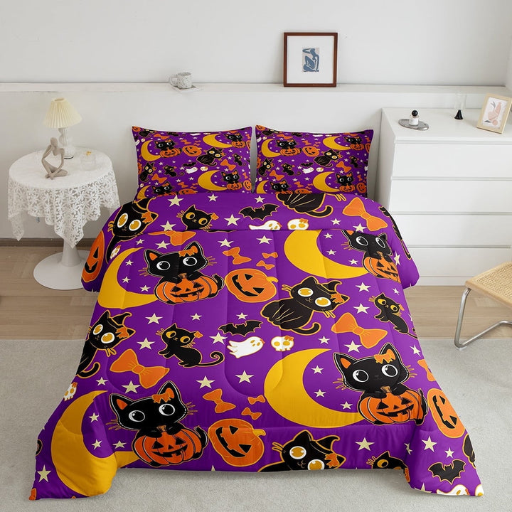 Erosebridal Kawaii Cat Kitten Bedding King Comforter Set, Gothic Pumpkin Duvet Insert, Cartoon Halloween Reversible Comforters &amp; Duvets, Ultra Soft Room Decor, 3pcs