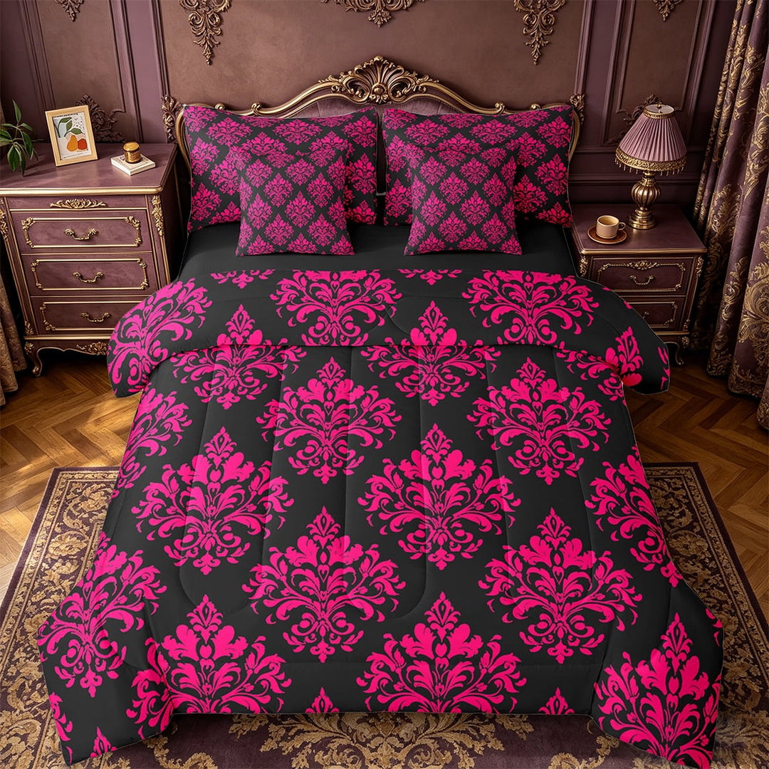 Erosebridal Victorian Damask Flower Bedding Sets Twin Size,Red Black Comforter Sets with Sheets,Gothic Theme Bed in a Bag Twin Size,Ultra Soft Bedroom Decorative Reversible,7-Piece