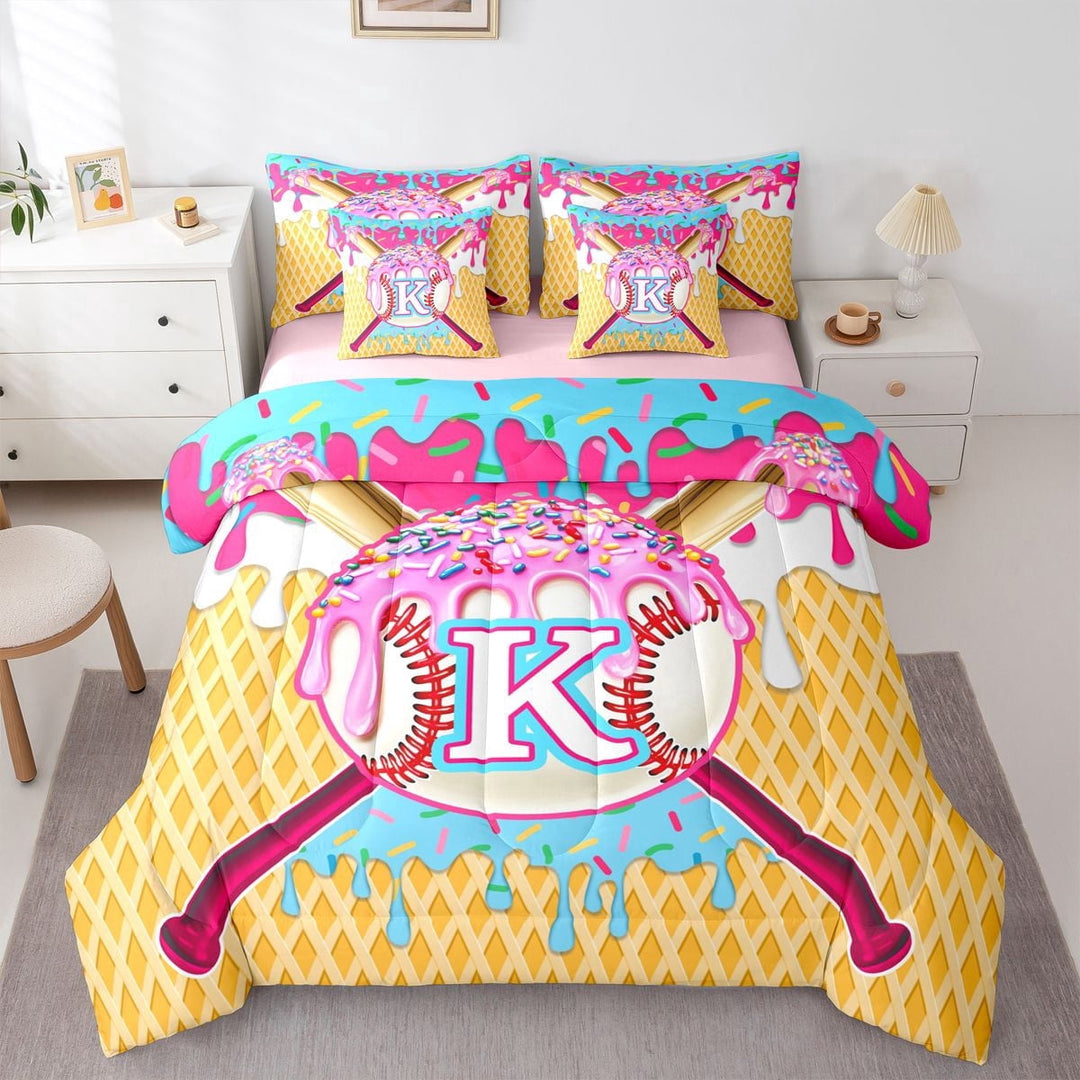 Erosebridal Girls K Letter Monogrammed Ice Cream Drip Dessert Twin Bedding Sets 7-Piece,Sport Theme Baseball Bedding Comforter Set For Boys Teens,Pink Reversible