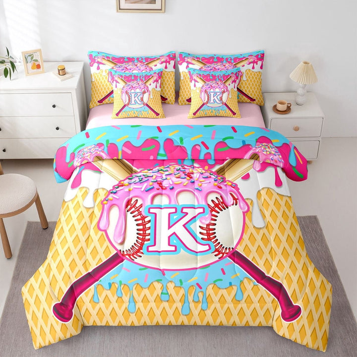 Erosebridal Girls K Letter Monogrammed Ice Cream Drip Dessert Twin Bedding Sets 7-Piece,Sport Theme Baseball Bedding Comforter Set For Boys Teens,Pink Reversible