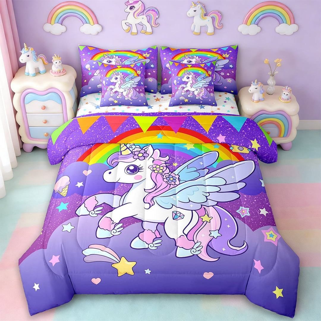 Erosebridal Cartoon Animal Unicorn Bedding Twin Size,Rainbow Stars Print Bed Set,Dreamy Purple Bedding Sets Twin Size,Super Cozy Room Decorative Reversible,7pcs