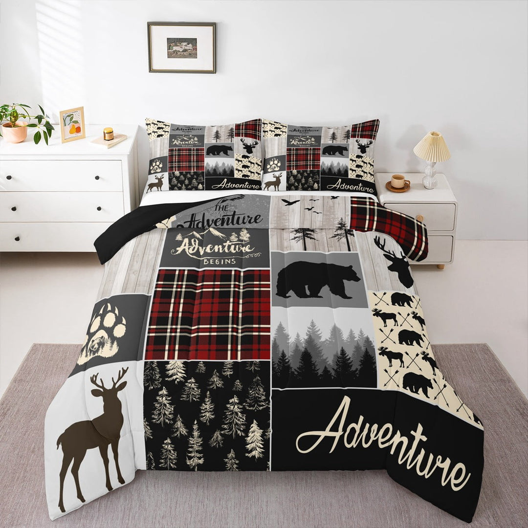 Rustic Deer Bear Quilt , Rustic Lodge Patchwork Comforter Set Queen Size, Vintage Woodland Animal Duvet Insert Adventure Camping Buffalo Plaid Bedding Set Farmhouse Decorations, Gray Black