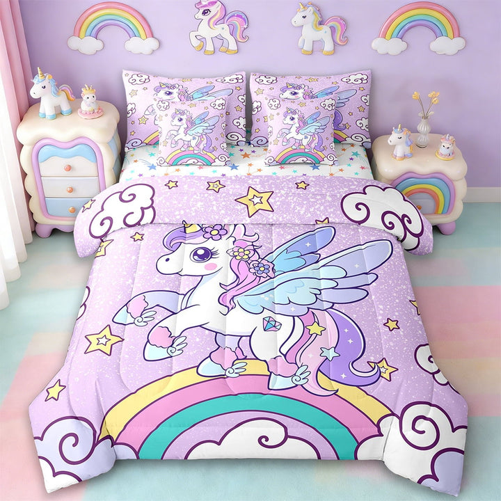 Erosebridal Chic Unicorn Bedding Sets Twin Size,Cartoon Rainbow Comforter Sets with Sheets,Multicolor Stars Bed in a Bag Twin Size For Girls,Breathable Room Decoration Reversible,7-Piece