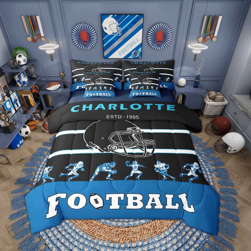 YST Comforters Twin Size Set with Sheets for Kids Football - 7 Pieces Bed in a Bag Twin American Football Beddding Sets with Comforter, Sheets, Pillowcases &amp; Shams(Charlotte)