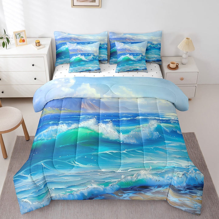 Ocean Beach Bed In A Bag With Sheets King 7 Piece Tropical Coastal Theme Comforter Set Sea Waves Bedding Set Adults Hawaii Bed Set With Comforter Reversible