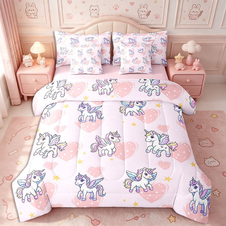 Erosebridal 7 Pieces Twin Size Rainbow Bed Set,Unicorn Comforter Set Twin,Pink Reversible,Love Heart Rainbow Twin Bedding Set,1 Comforter,2 Pillow Shams,1 Flat Sheet,1 Fitted Sheet,2 Pillowcases