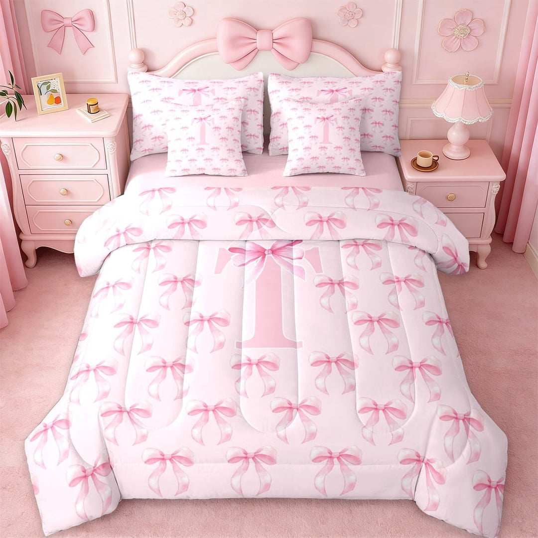 Erosebridal Pink Fashion Bowknot 7-Piece Twin Bedding Sets For Kids Girls,Letter T Initial Lettering Bedding Comforter Set,Pink Reversible