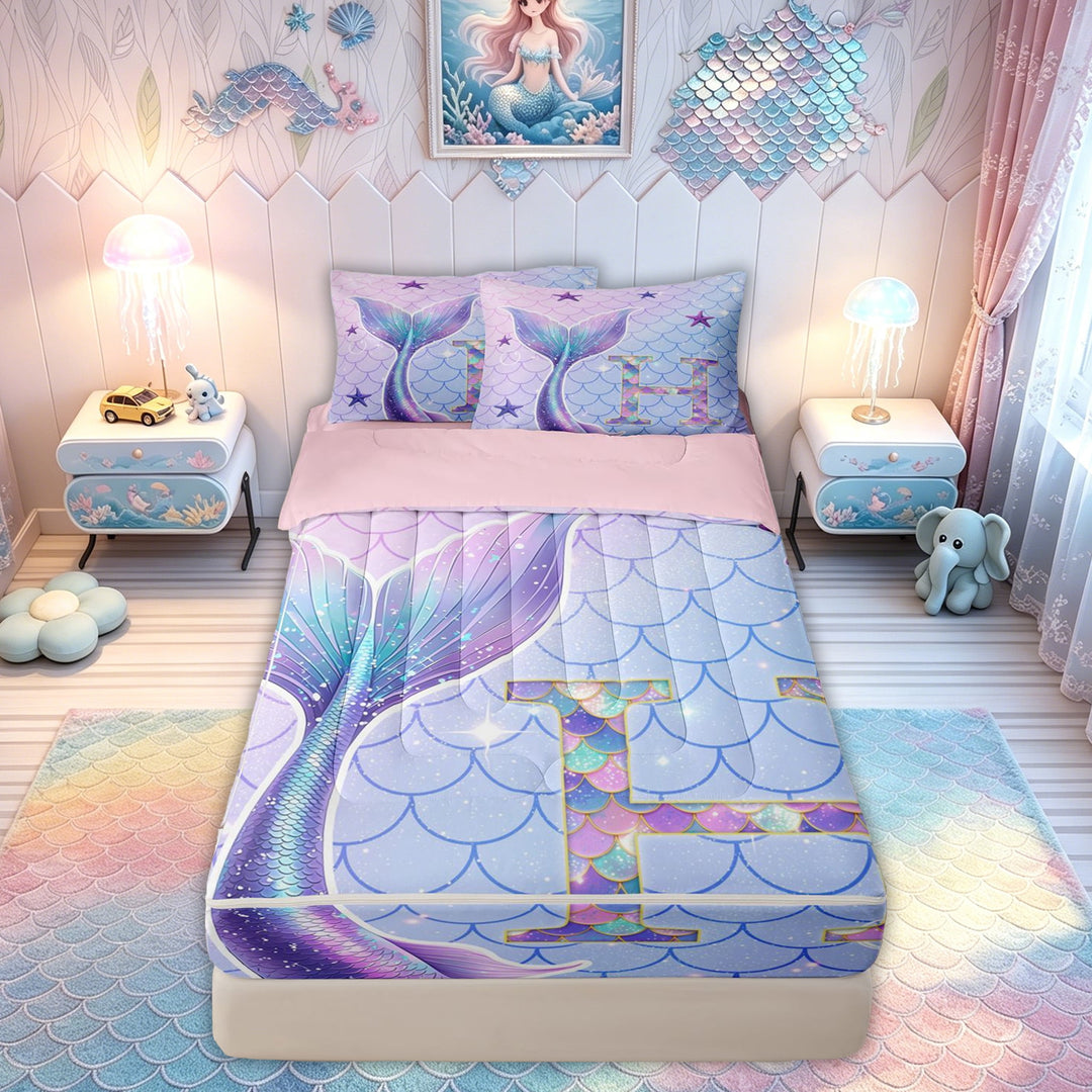 meiyoeat Mermaid Scale Letter H Zipper Full Size Comforter Sets with Fitted Sheet and 2 Pillowcases for Kids Girls, Marine Starfish Zipper Bedding Set, Purple Blue, Pink Reversible, 4 Pieces