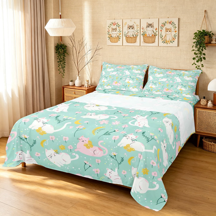 Manfei Cartoon Cat Bed Sheets, Watercolor Boho Flower Full Size Sheets, Mint Green, 4-Piece, 1 Flat Sheet, 1 Fitted Sheet and 2 Pillowcases