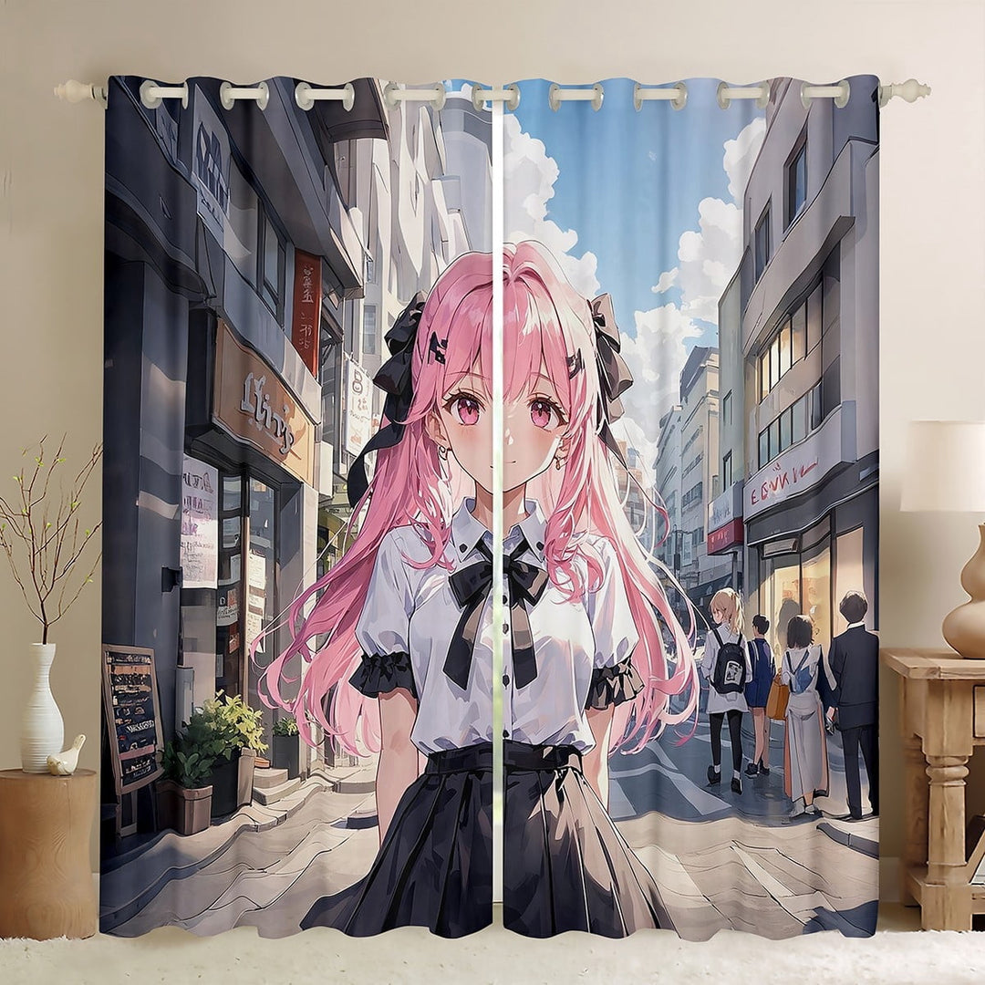 Manfei Anime Girl Black Out Curtains,Japanese Style Curtains Pack of 2 (42x63 Each),Japanese Animation Bedroom Curtains,Cartoon Room Decoration