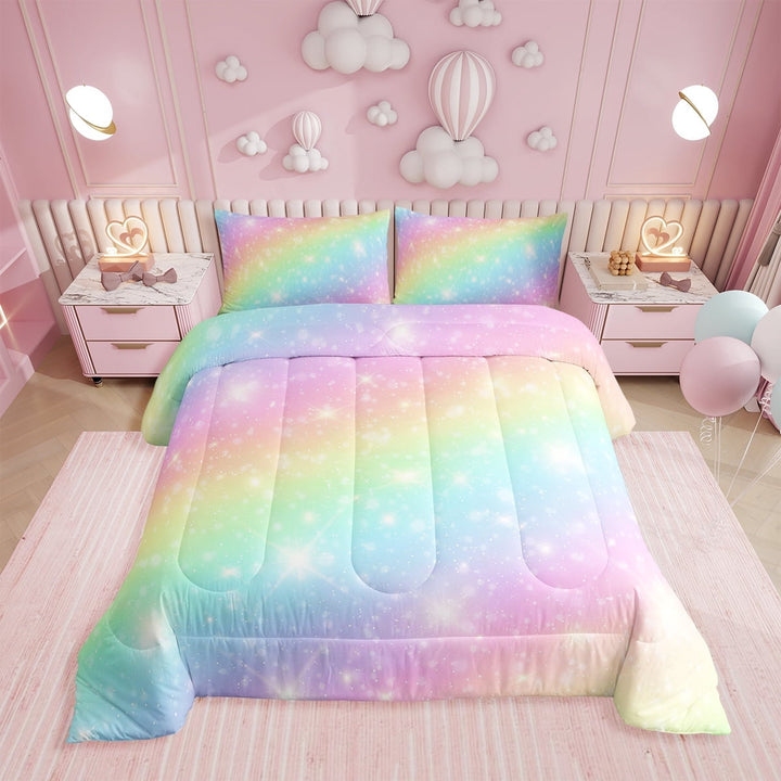YST Rainbow Bedding Set for Kids Girls Teens Women Tie Dye Pastel Comforter Set Full Size Golden Stars Glitter Bedding Comforter Set Watercolor Art Girly Quilt Set Sweet Bedroom Decor 3 Piece