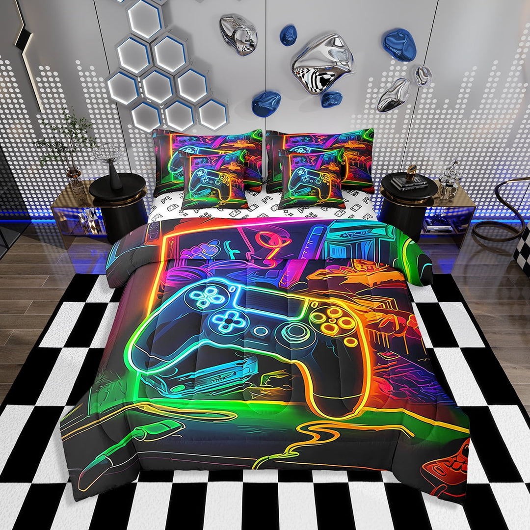 Erosebridal Gamer Comforter Set with Sheets Twin Size Gaming Bed in a Bag Set Teens Modern Game Console Controller 7 Pieces Bedding Set Joystick Room Decor Colrful