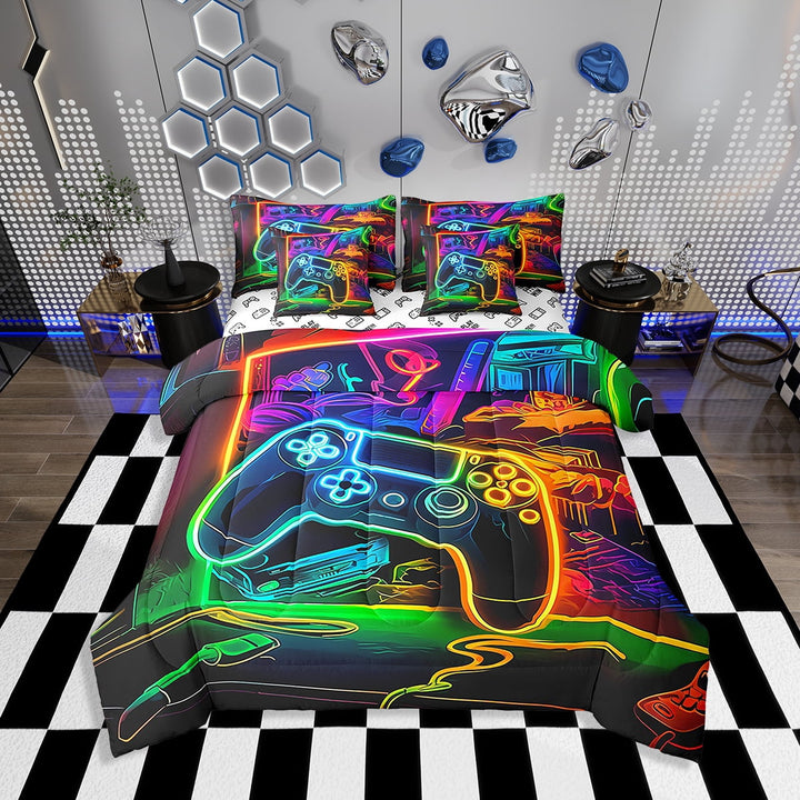 Erosebridal Gamer Comforter Set with Sheets Twin Size Gaming Bed in a Bag Set Teens Modern Game Console Controller 7 Pieces Bedding Set Joystick Room Decor Colrful
