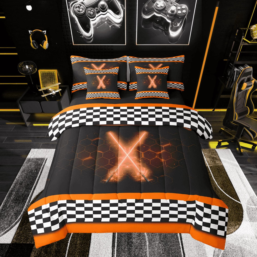 Erosebridal Cool Lightning Bed in a Bag Twin size, Orange Honeycomb Bed Set, Checkered Flag Decor, Reversible 7pcs