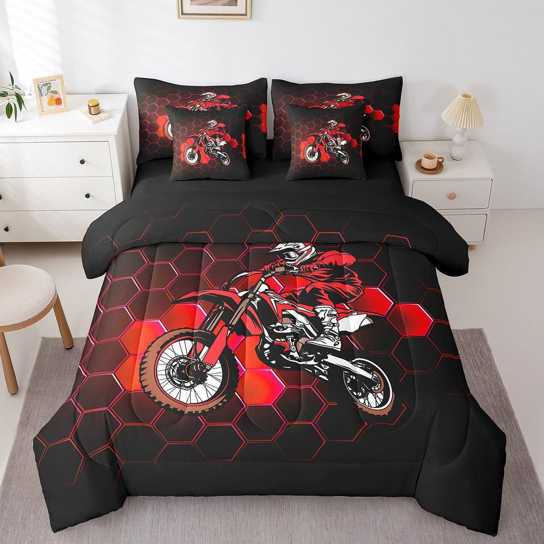 Erosebridal Dirt Bike Bed in a Bag Twin size, Motocross Motorcross Comforter Sets with Sheets, Black Red, Reversible 7pcs