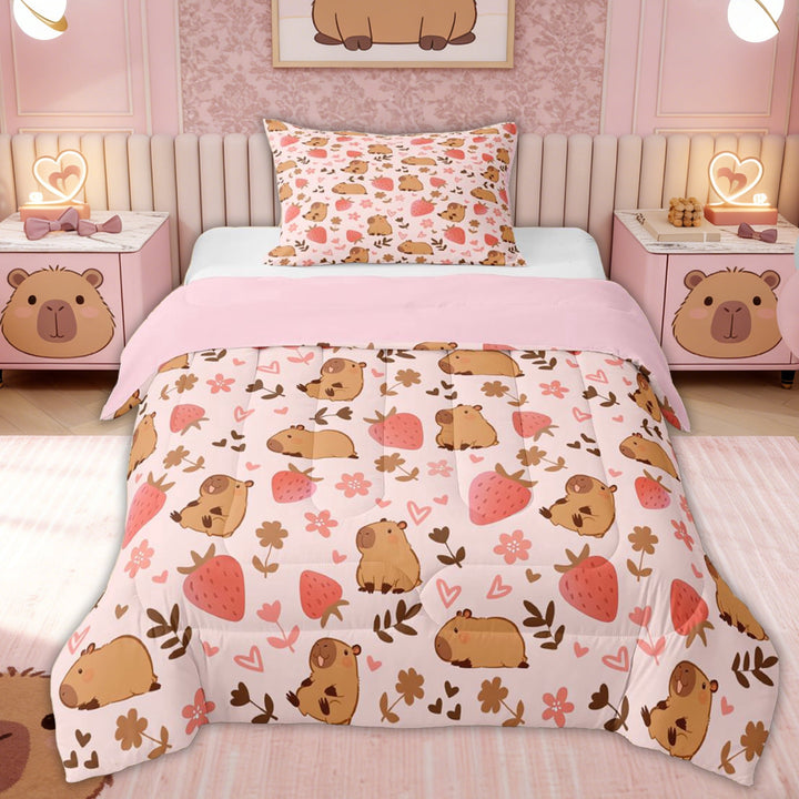 Erosebridal Jungle Capybara Kid Twin Comforter Sets, Strawberry Floral Bedding Set, 2pcs, Pink Reversible