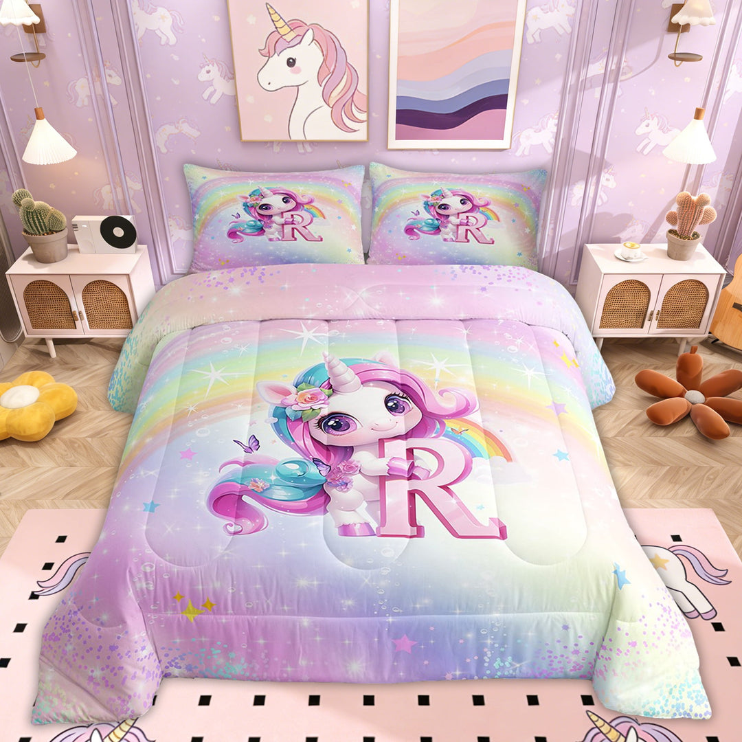 Erosebridal Pink Unicorn Bedding Sets Twin with Comforter, Initial R Letter Duvet Insert, Flower Decor, Reversible 2 Pieces