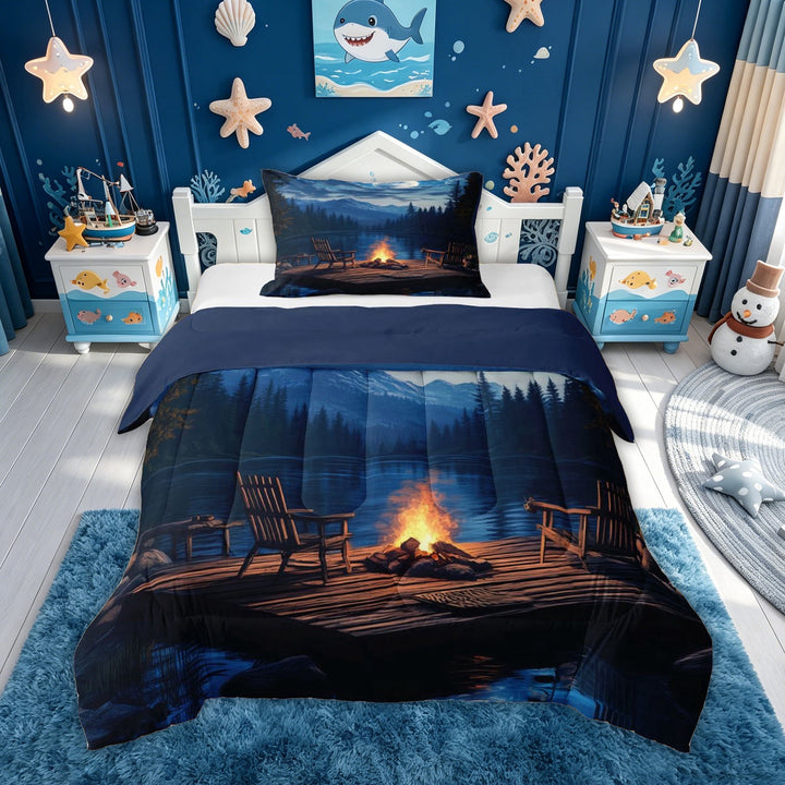 meiyoeat Forest Lake Camping Full Size Comforter Sets for Men Boys, Moonlight Mountain Lake Campfire Bedding Comforter Set, Blue, Blue Reversible, 3 Pieces, 1 Comforter and 2 Pillowcases