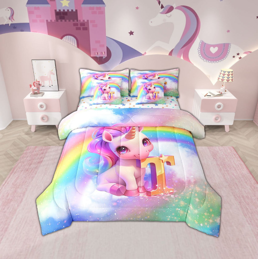Erosebridal Initial T Letter Bedding Twin Size, Floral Unicorn Bed Set, Raibow Print Reversible Bedding Sets Twin Size, Ultra Soft Room Decorative, 7pcs