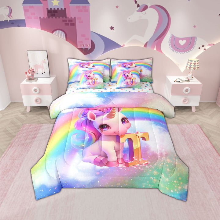 Erosebridal Initial T Letter Bedding Twin Size, Floral Unicorn Bed Set, Raibow Print Reversible Bedding Sets Twin Size, Ultra Soft Room Decorative, 7pcs