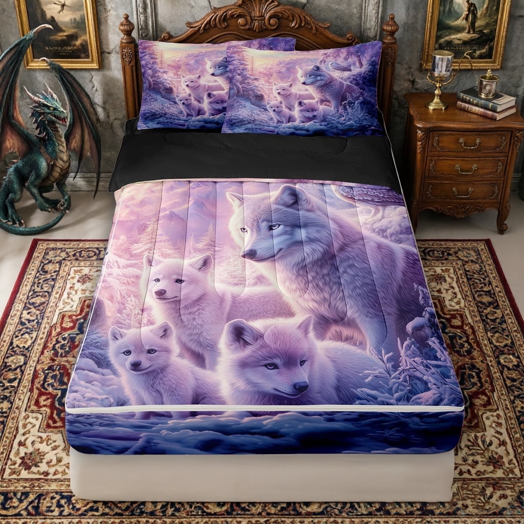 Erosebridal Purple Ombre Wolf Zipper Twin Comforter Sets with Fitted Sheet and 2 Pillowcases for Women Men, Lavender Dreamy Animal Zipper Bedding Set, Black Reversible, 4pcs