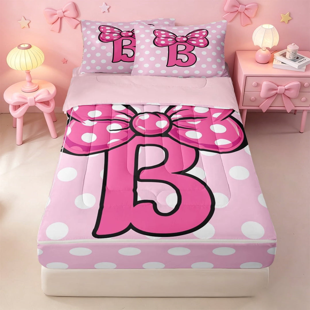 meiyoeat Cute Bow Initial B Zipper Twin Comforter Sets with Fitted Sheet and 2 Pillowcases For Girls,Pink Polka Dot Monogram Art Zipper Bedding Set,Pink Reversible,4 Pieces