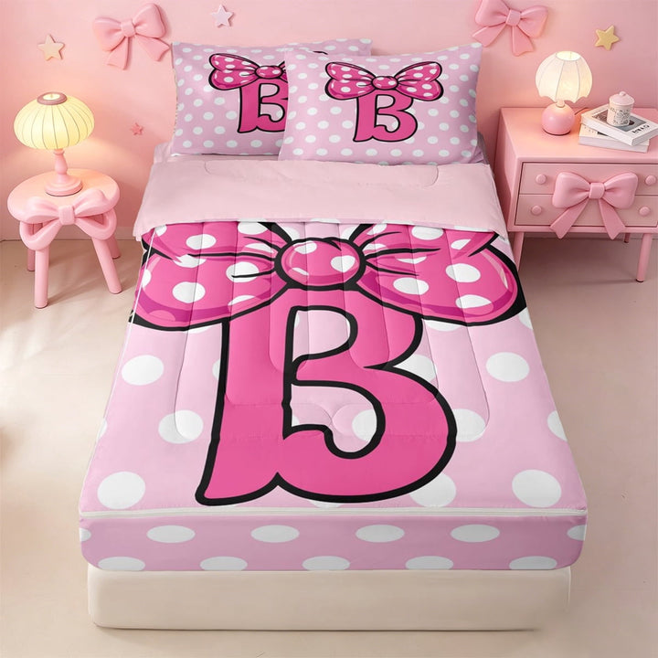 meiyoeat Cute Bow Initial B Zipper Twin Comforter Sets with Fitted Sheet and 2 Pillowcases For Girls,Pink Polka Dot Monogram Art Zipper Bedding Set,Pink Reversible,4 Pieces