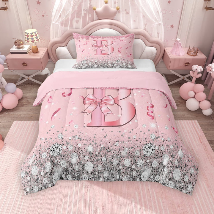 Erosebridal Dreamy Glitters Print Twin Comforter Sets for Girls, Pink Bling B Letter Bedding Set, Pink Reversible 2-Piece, 1 Comforter and 1 Pillowcase