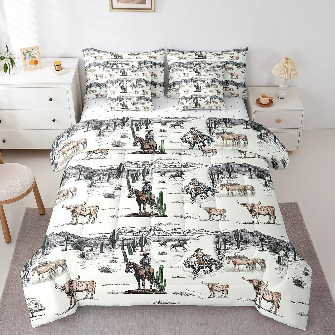 Western Cowboy 7Pcs Comforter Set Queen Size,Vintage Southwest Style Fitted Sheet + Flat Sheet Desert Cactus Cow Horse Animals Bedding Sets Adult Room Decor,Grey Brown White