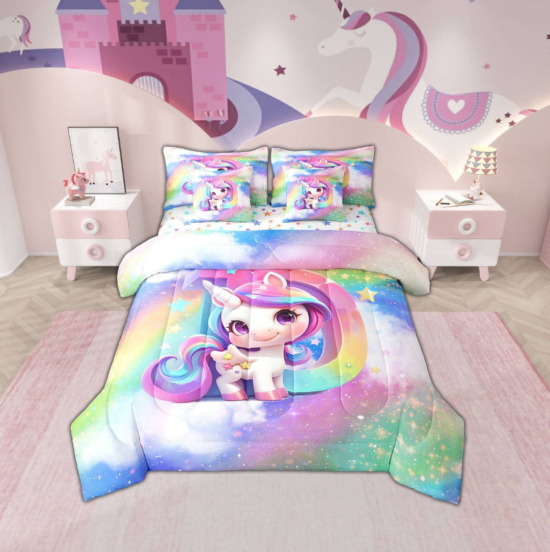 Erosebridal Initial A to Z Letter Bedding Sets Twin Size, Monogrammed D Comforter Sets with Sheets, Unicorn Reversible Bedding Twin Size, Microfiber Bedroom Decor, 7-Piece
