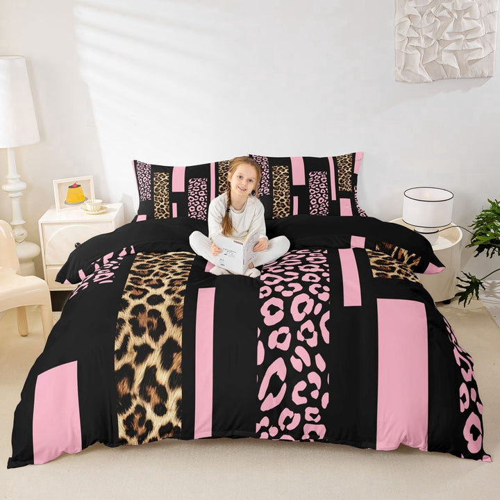 Erosebridal Pink Cheetah Print Duvet Cover Set for Kids, Leopard Animal Bedding Full, Black Reverisble, 1 Duvet Cover and 2 Pillowcases (No Comforter)
