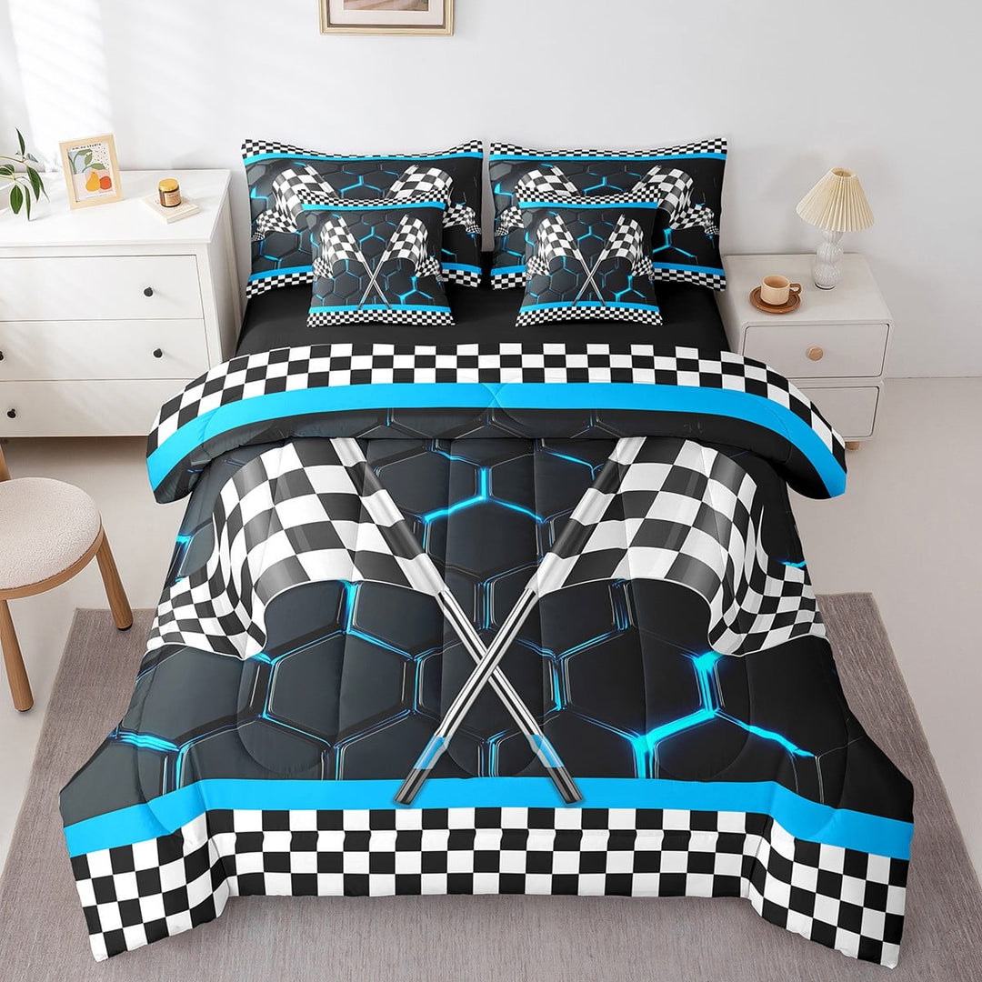 Erosebridal Checkered Flag Bed in a Bag Twin size, Racing Car Bed Set, Geometric Honeycomb Decor, Reversible 7pcs