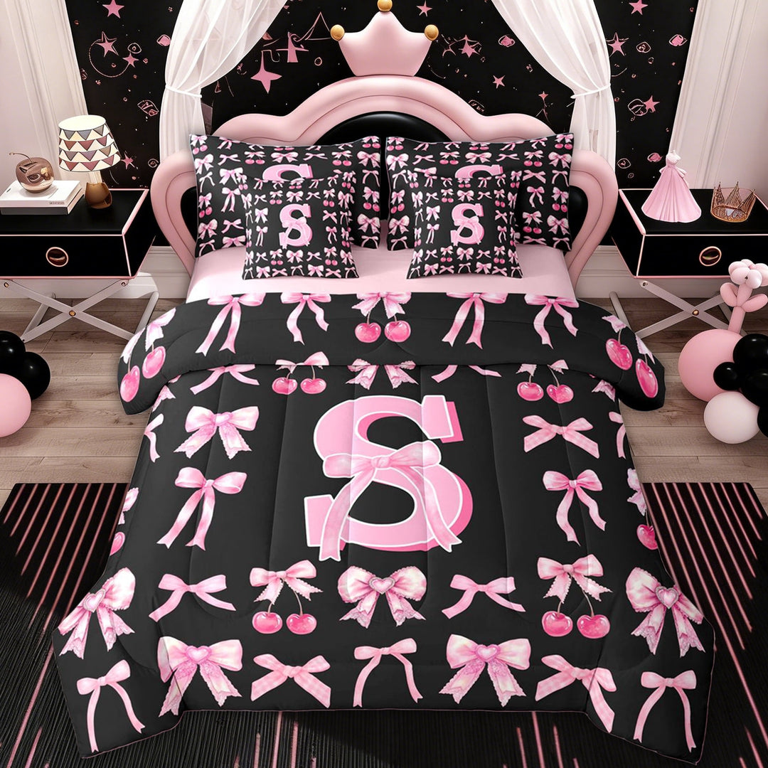 Erosebridal Kid Cartoon S Letter Twin Bedding Sets, Kawaii Bowknot Cherry Bedding Comforter Set, 7 Pieces