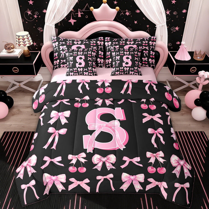 Erosebridal Kid Cartoon S Letter Twin Bedding Sets, Kawaii Bowknot Cherry Bedding Comforter Set, 7 Pieces