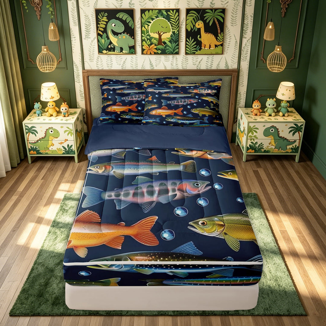 meiyoeat Kawaii Rustic Pike Fish Zipper Comforter Set with Fitted Sheet and 2 Pillowcases for Men Boys, Rustic Lake Animal Zipper Bedding Set, Navy, Blue Reversible, 3-Piece